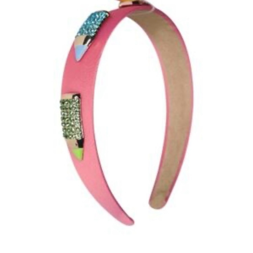 NEW Piper K Pink Fabric Headband w/ Yellow Green Blue Pink Rhinestone Pencils